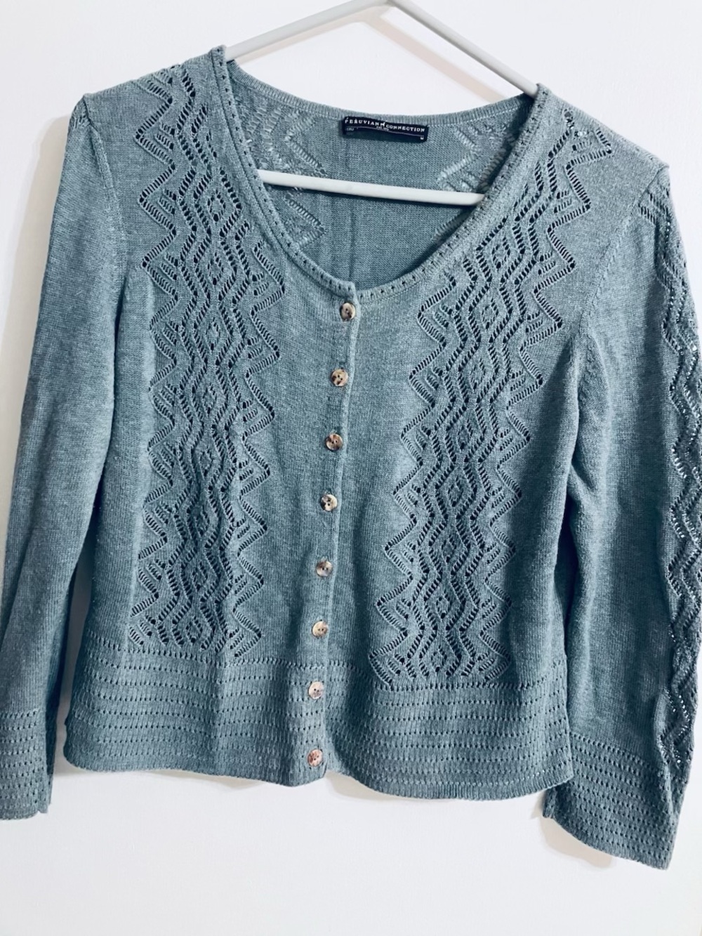 Peruvian Connection Soft Seafoam Knit Cardigan with Lace Panels - Picture 2 of 4